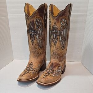 LADIES COWTOWN CROSS DISTRESSED SQUARE TOE WESTERN BOOTS